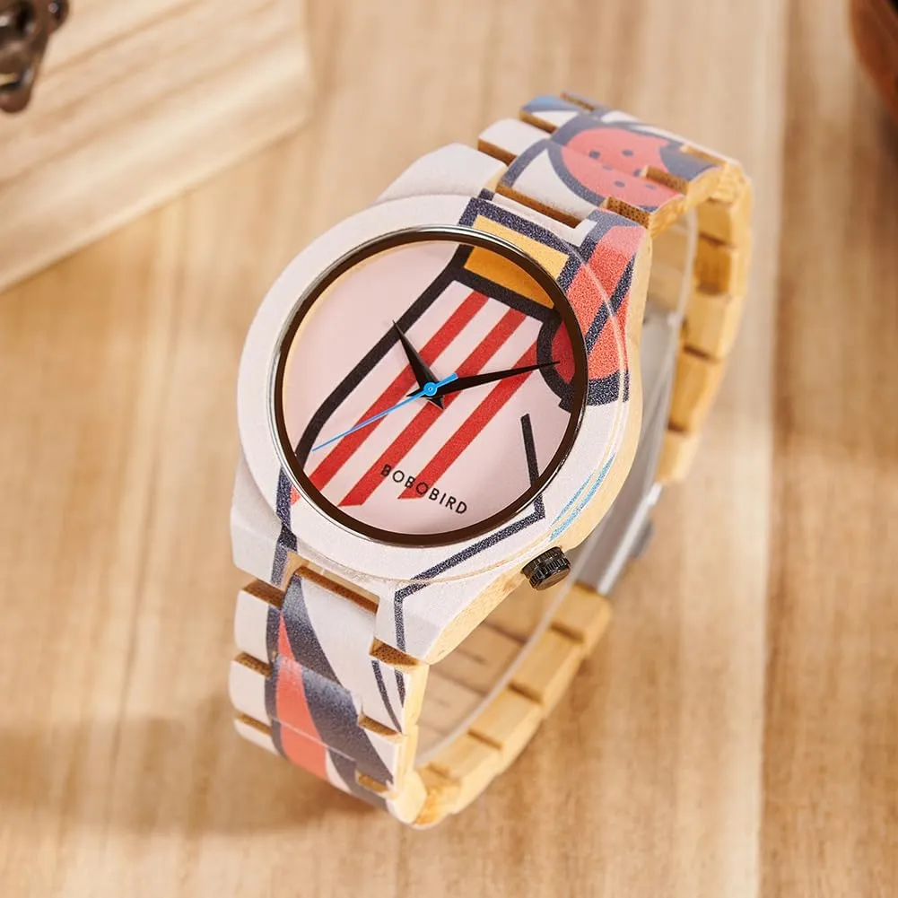 Men's Bamboo Wood Watches with Artistic Pattern Prints Lightweight Japanese Quartz Mens Watch with booklet perch Adjustable Band EBONY 