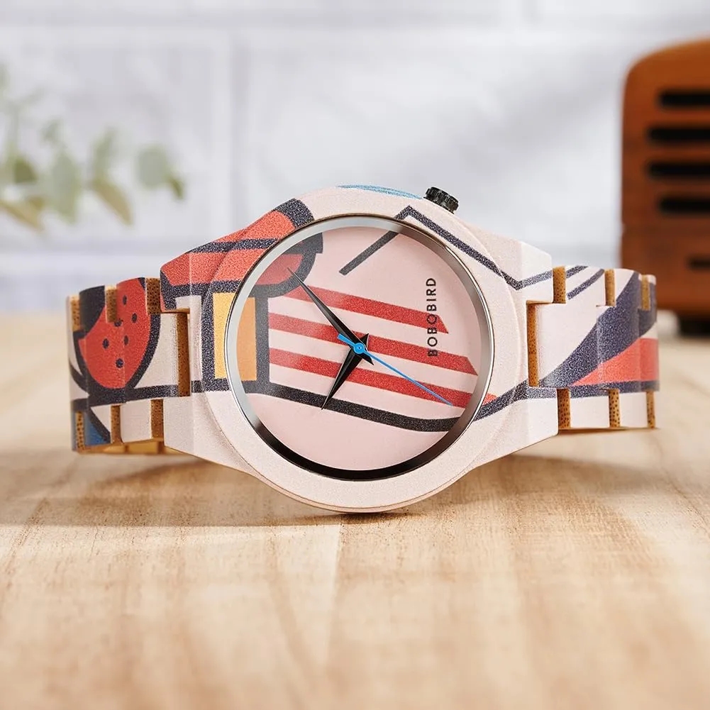 Men's Bamboo Wood Watches with Artistic Pattern Prints Lightweight Japanese Quartz Mens Watch with booklet perch Adjustable Band EBONY 