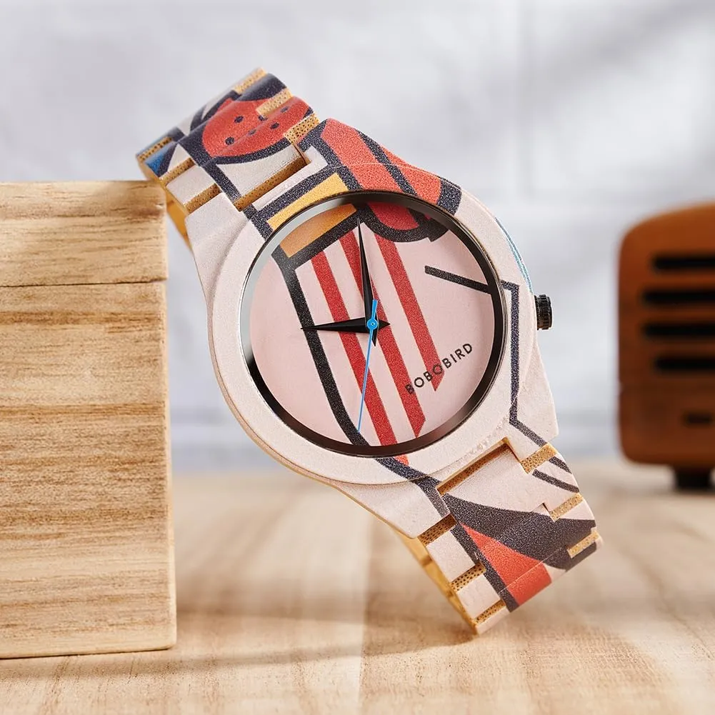 Men's Bamboo Wood Watches with Artistic Pattern Prints Lightweight Japanese Quartz Mens Watch with booklet perch Adjustable Band EBONY 