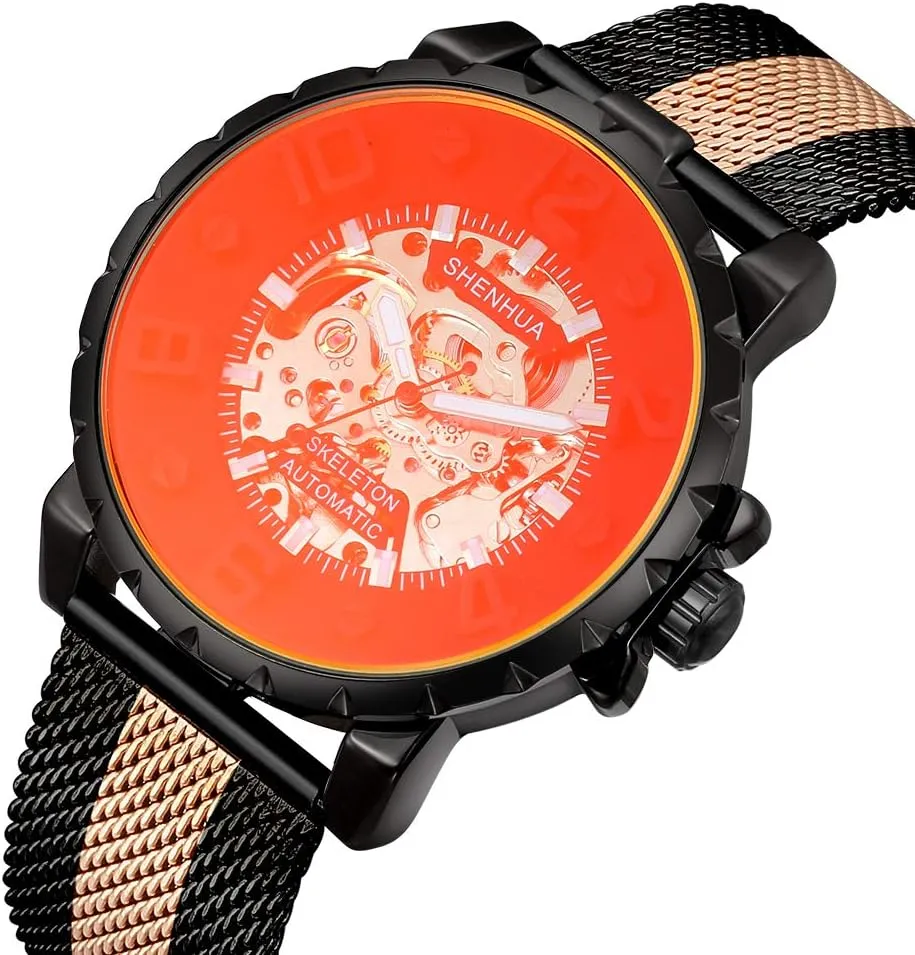 Mens Casual Automatic Watch Gear Dial serious Leather Strap Or Stainless Steel Mesh Transparent Mechanical Watch MASTOP 