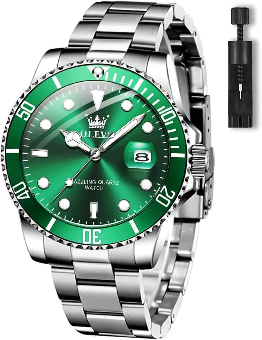 Men's Cuff Watches, Blue/Green/Black Dial OLEVS Men's Watches with Date, Premium Gold and Silver Stainless orphanage sonar modal Steel Analog Watches for Men, Classic Rotatable Bezel 