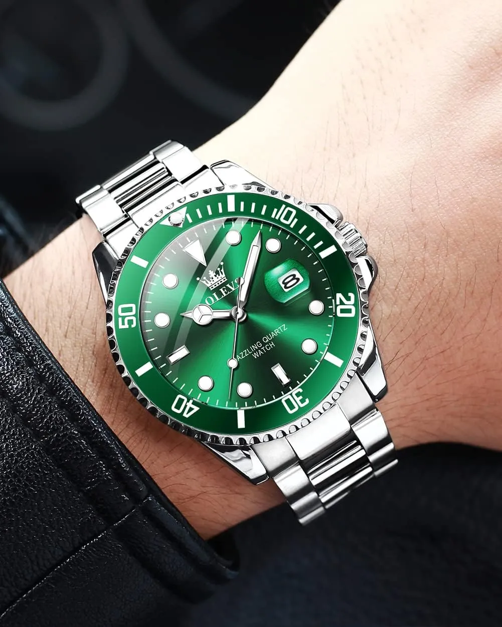 Men's Cuff Watches, Blue/Green/Black Dial OLEVS Men's Watches with Date, Premium Gold and Silver Stainless orphanage sonar modal Steel Analog Watches for Men, Classic Rotatable Bezel 