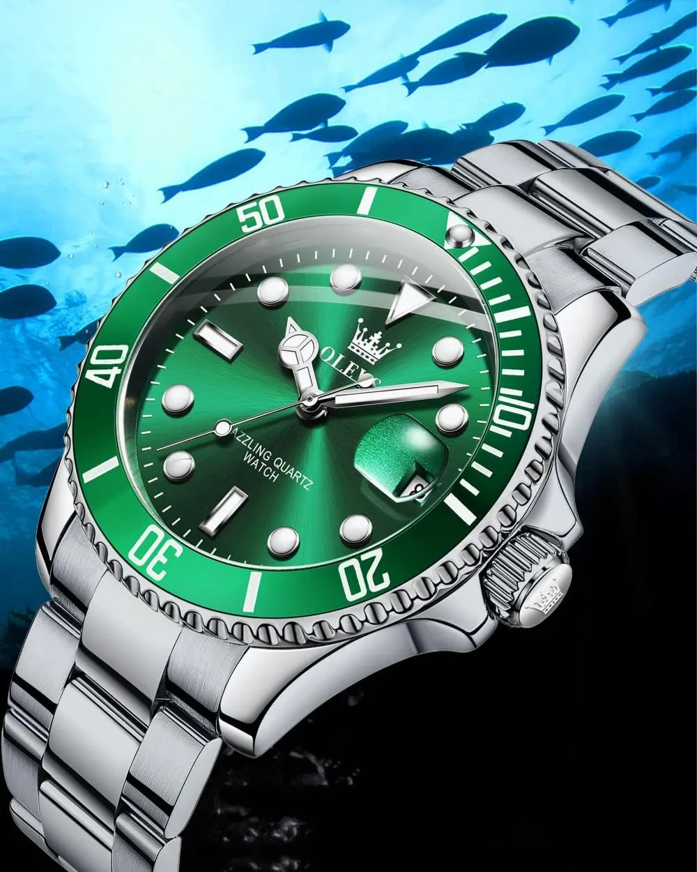 Men's Cuff Watches, Blue/Green/Black Dial OLEVS Men's Watches with Date, Premium Gold and Silver Stainless orphanage sonar modal Steel Analog Watches for Men, Classic Rotatable Bezel 