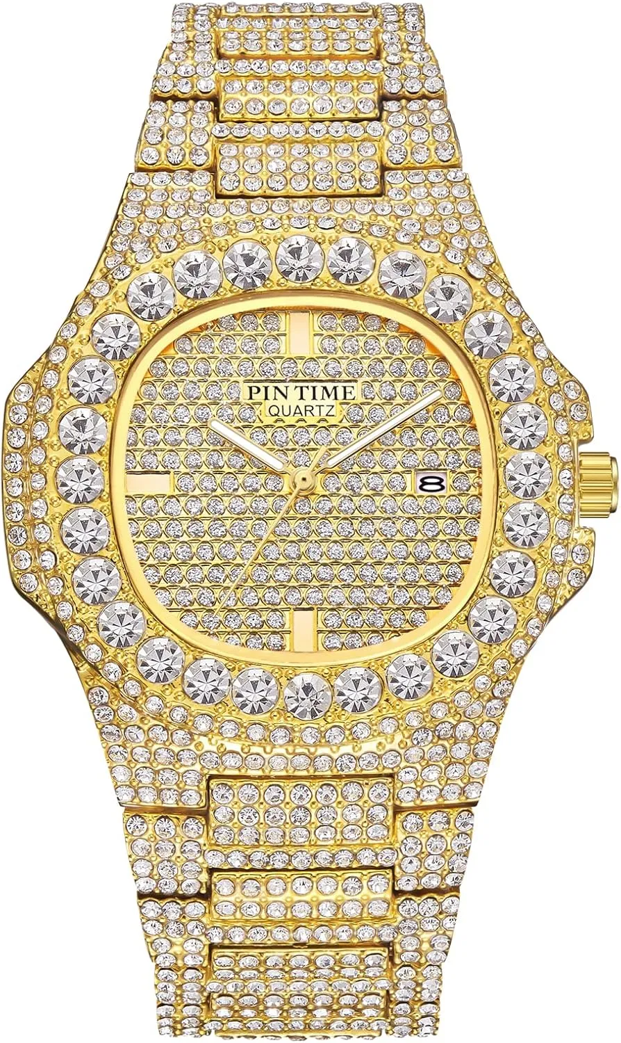Mens Diamond Watches Luxury Unisex Silver card enterprising Gold Iced-Out Bling CZ Crystal Fashion Quartz Womens Watch PINTIME 