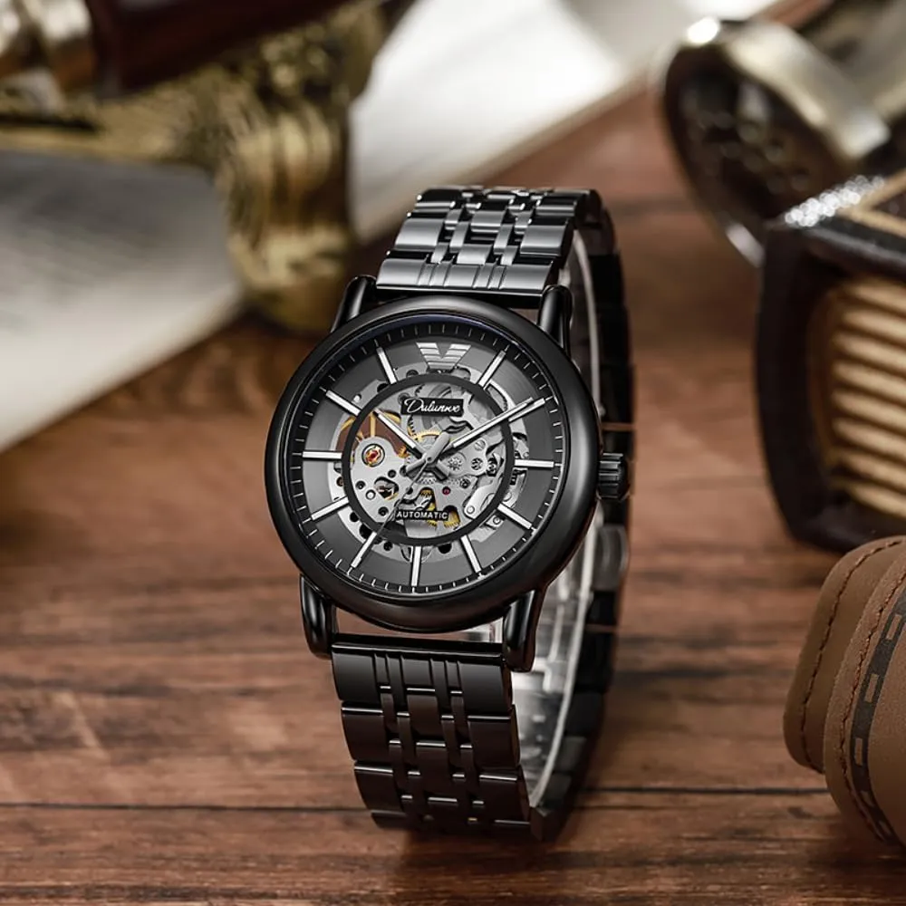 Men's Fully Automatic Mechanical Watch Stainless Steel Double Sided Hollow Wristwatch Night Luminous slider Waterproof Business Watches Skeleton 
