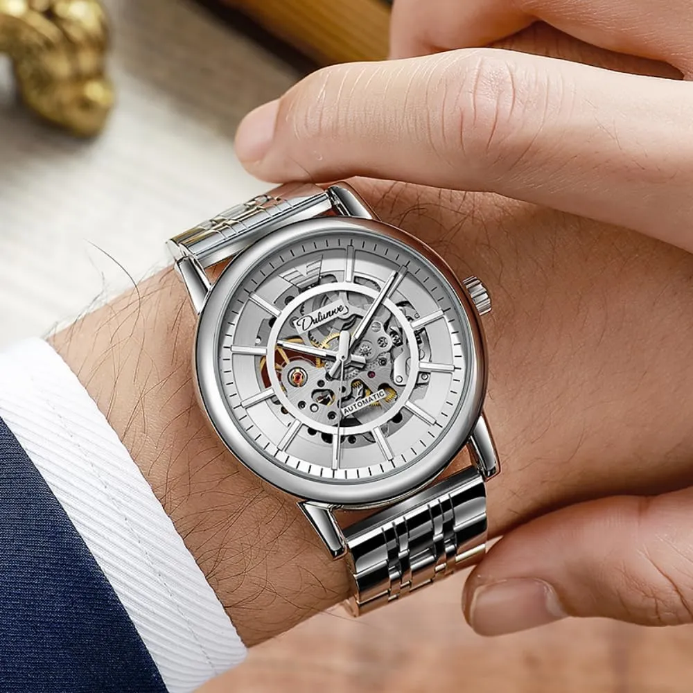 Men's Fully Automatic Mechanical Watch Stainless Steel Double Sided Hollow Wristwatch Night Luminous slider Waterproof Business Watches Skeleton 