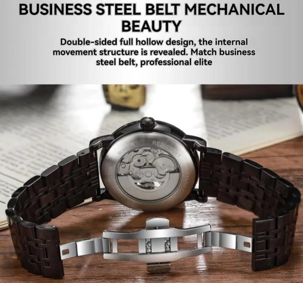 Men's Fully Automatic Mechanical Watch Stainless Steel Double Sided Hollow Wristwatch Night Luminous slider Waterproof Business Watches Skeleton 