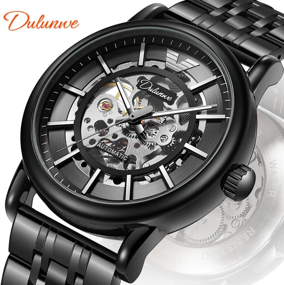 Men's Fully Automatic Mechanical Watch Stainless Steel Double Sided Hollow Wristwatch Night Luminous slider Waterproof Business Watches Skeleton 