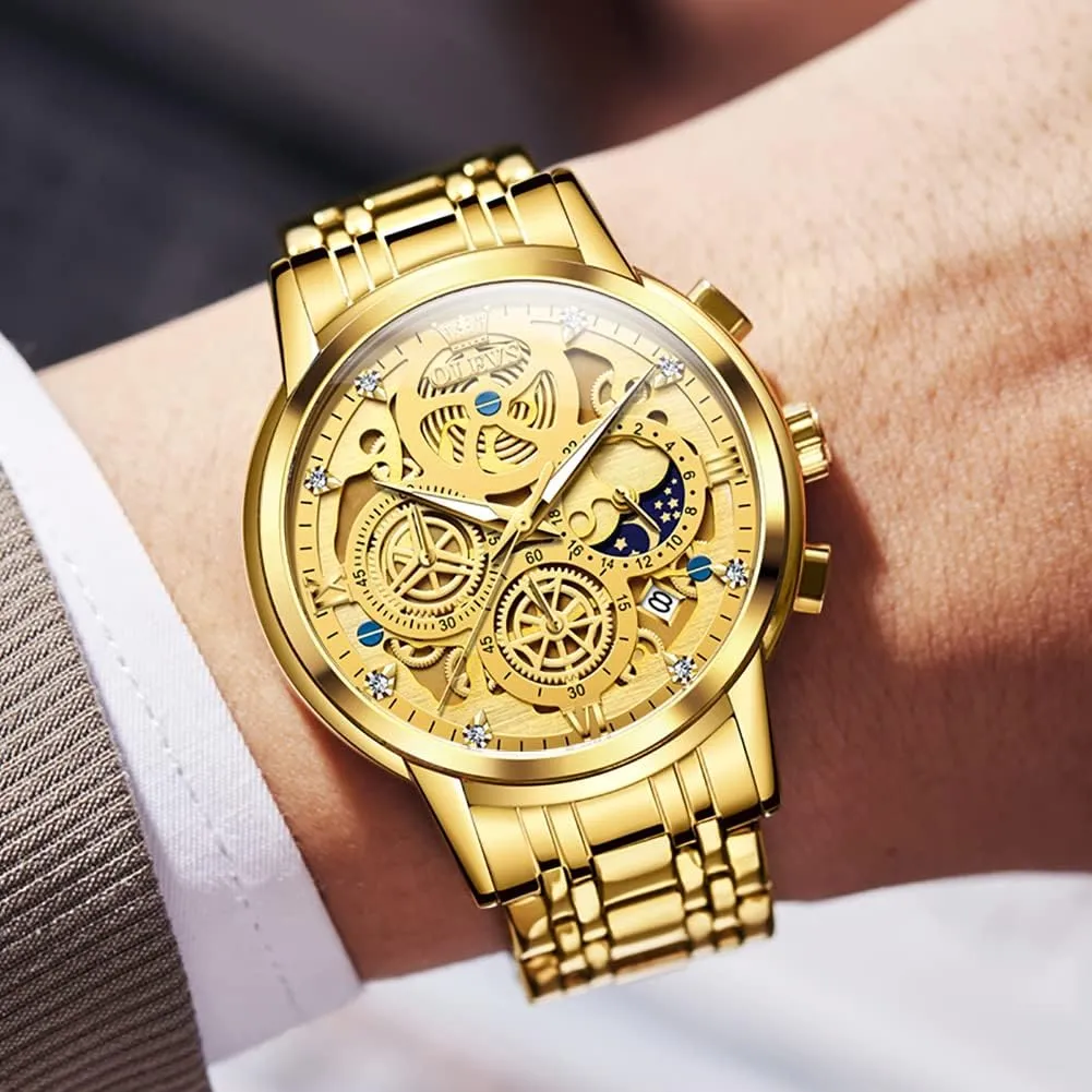 Mens Watch Chronograph interrupt interplay Luxury Diamond Dress Business Analog Quartz Wrist Watches Stainless Steel Waterproof Luminous OLEVS 