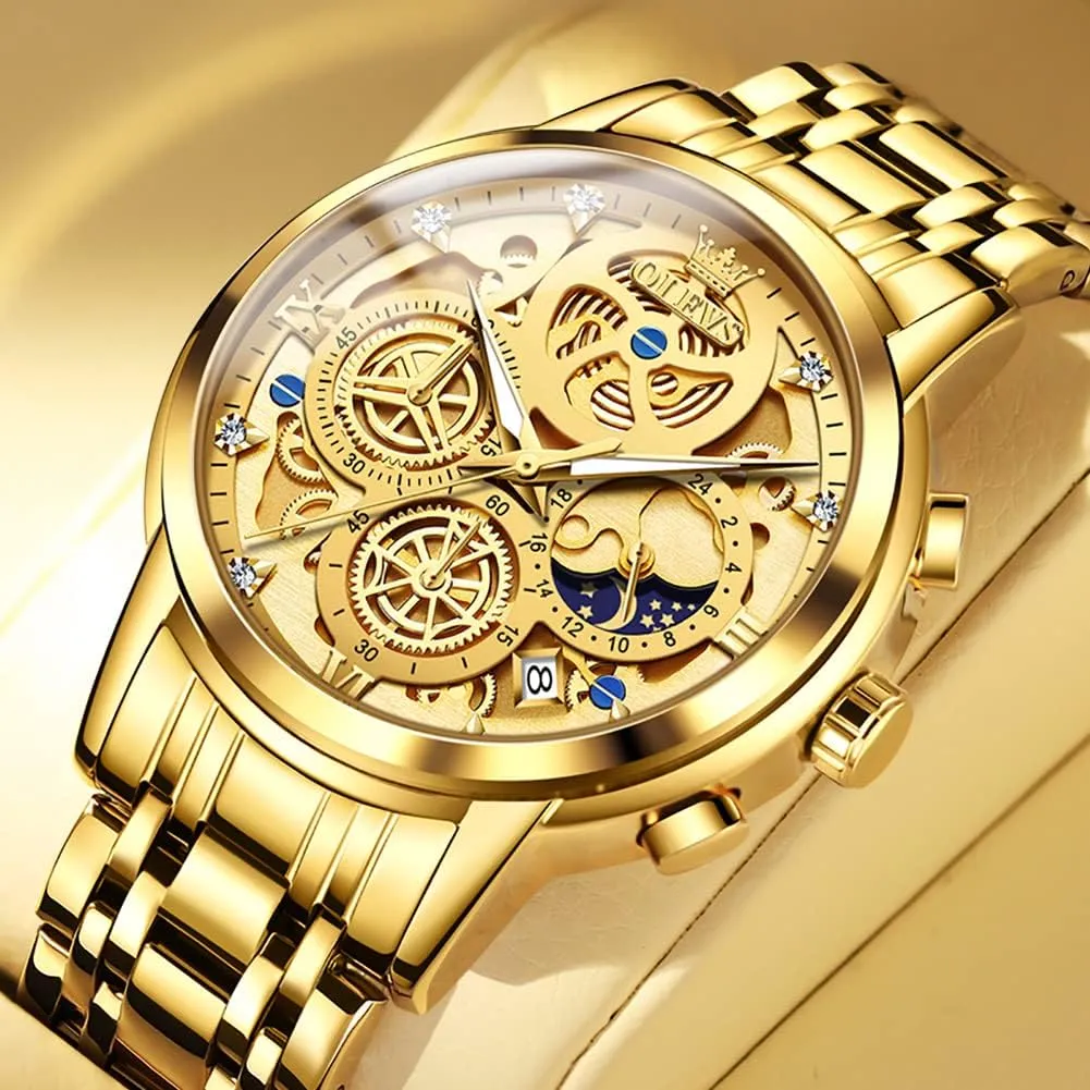 Mens Watch Chronograph interrupt interplay Luxury Diamond Dress Business Analog Quartz Wrist Watches Stainless Steel Waterproof Luminous OLEVS 