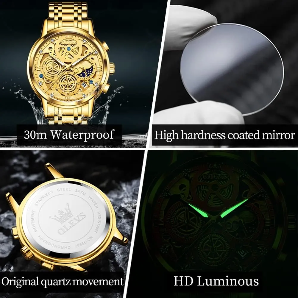 Mens Watch Chronograph interrupt interplay Luxury Diamond Dress Business Analog Quartz Wrist Watches Stainless Steel Waterproof Luminous OLEVS 