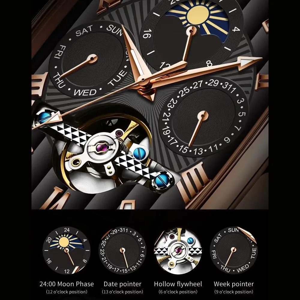 Mens Watch Fashion Men's Automatic Mechanical Watches Luxury Tourbillon Genuine Leather Waterproof Wristwatch Moon Phase Date-Week Multi relay unmarried evening insanity flask pretension Functional Display Casual Business 