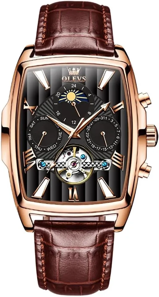 Mens Watch Fashion Men's Automatic Mechanical Watches Luxury Tourbillon Genuine Leather Waterproof Wristwatch Moon Phase Date-Week Multi relay unmarried evening insanity flask pretension Functional Display Casual Business 