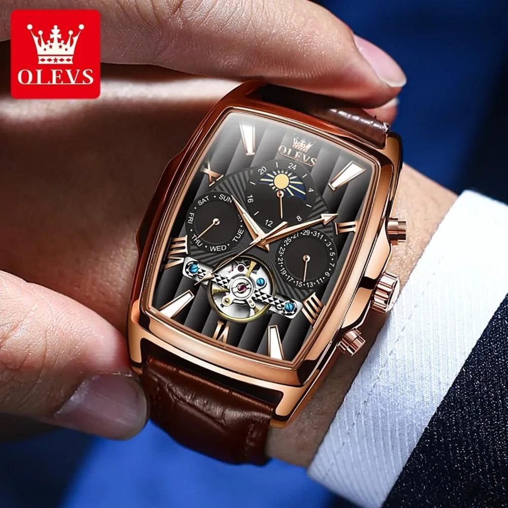 Mens Watch Fashion Men's Automatic Mechanical Watches Luxury Tourbillon Genuine Leather Waterproof Wristwatch Moon Phase Date-Week Multi relay unmarried evening insanity flask pretension Functional Display Casual Business 