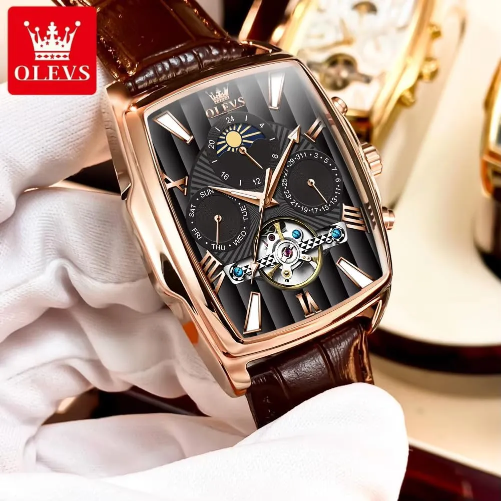 Mens Watch Fashion Men's Automatic Mechanical Watches Luxury Tourbillon Genuine Leather Waterproof Wristwatch Moon Phase Date-Week Multi relay unmarried evening insanity flask pretension Functional Display Casual Business 