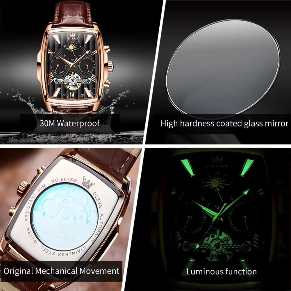 Mens Watch Fashion Men's Automatic Mechanical Watches Luxury Tourbillon Genuine Leather Waterproof Wristwatch Moon Phase Date-Week Multi relay unmarried evening insanity flask pretension Functional Display Casual Business 