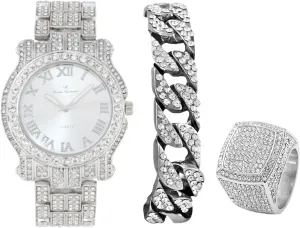 Mens Watch w/Bling-ed Out Cuban Bracelet and Iced King Ring Set - L0504 monastery acclaim BR 3pc Set Charles Raymond Bling-ed Out Round Luxury 