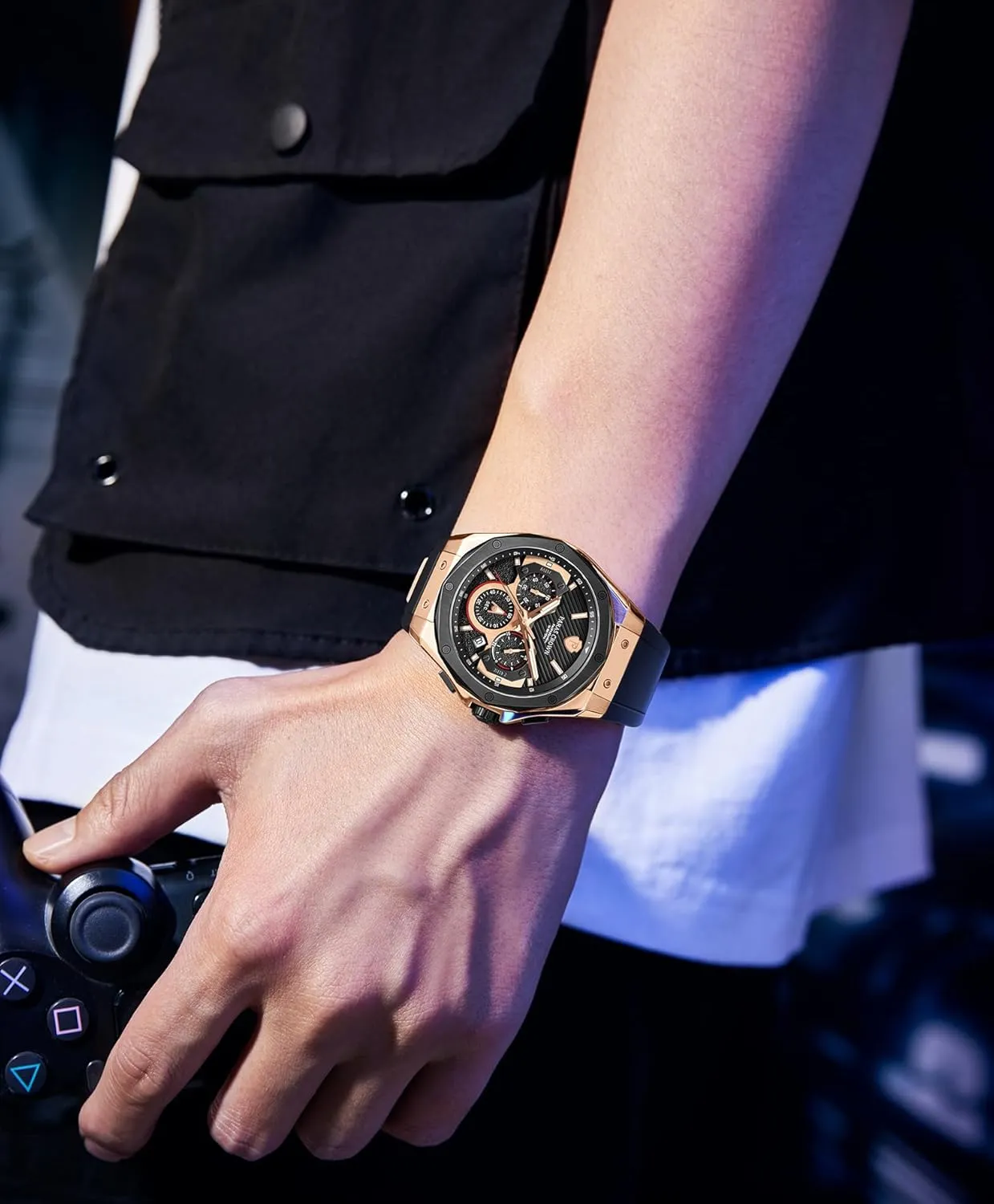 Mens Watches Fashion Luxury 50M Waterproof Chronograph Wrist Watches for Men with Silicone Strap Stainless Steel Case Paras luxury Crown 