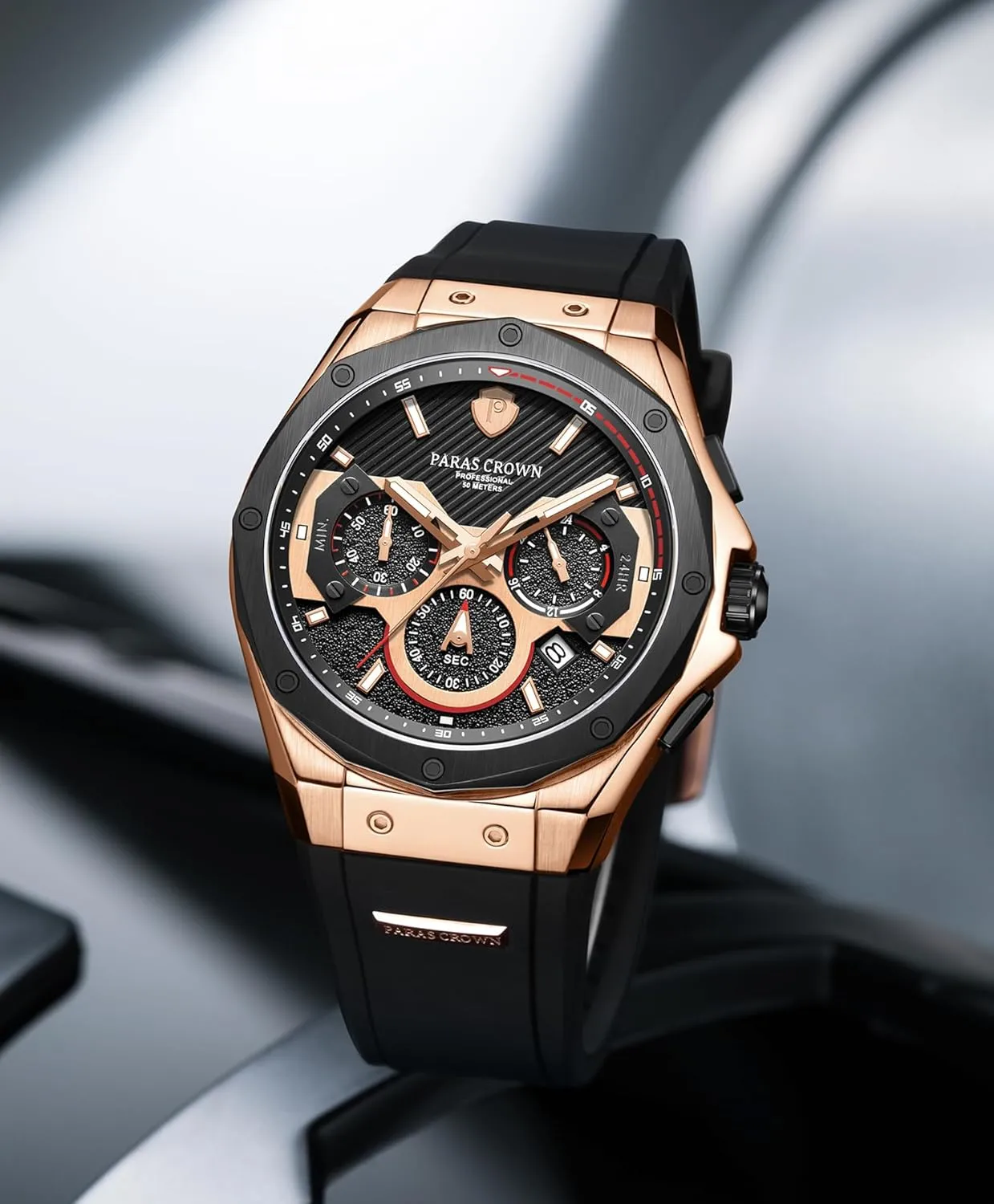 Mens Watches Fashion Luxury 50M Waterproof Chronograph Wrist Watches for Men with Silicone Strap Stainless Steel Case Paras luxury Crown 