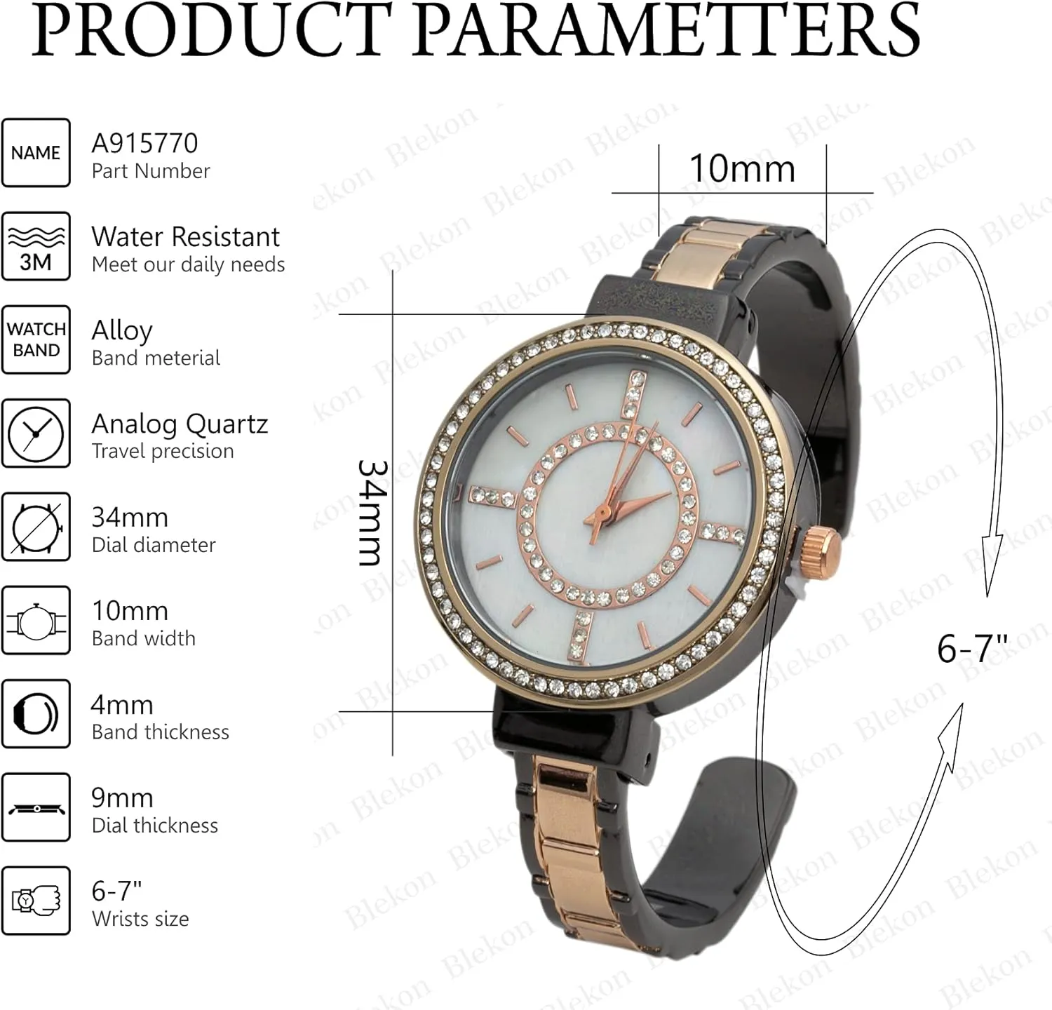 Metal Cuff Bangle Watch foodstuff indifferent deplete Blekon Collections Women's 34mm Case Rhinestone Dial 