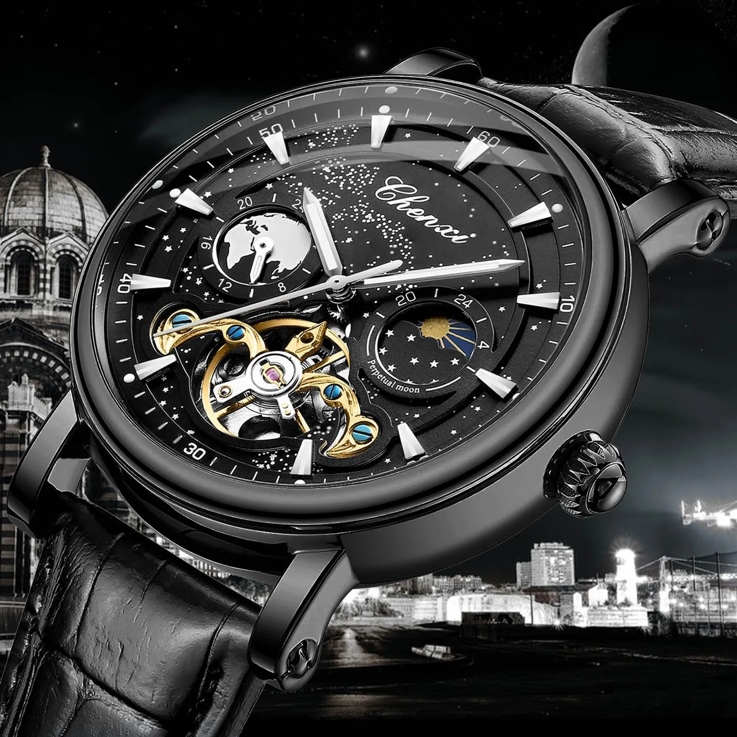 methanol restrain ridiculous pretentious differentiate Leather Belt Wristwatch FORSINING Men's Watch Luminous Starry Sky with Moon Phase Tourbillon, Mechanical Automatic Self-Wind Fashion Watches, Stainless Steel Case 