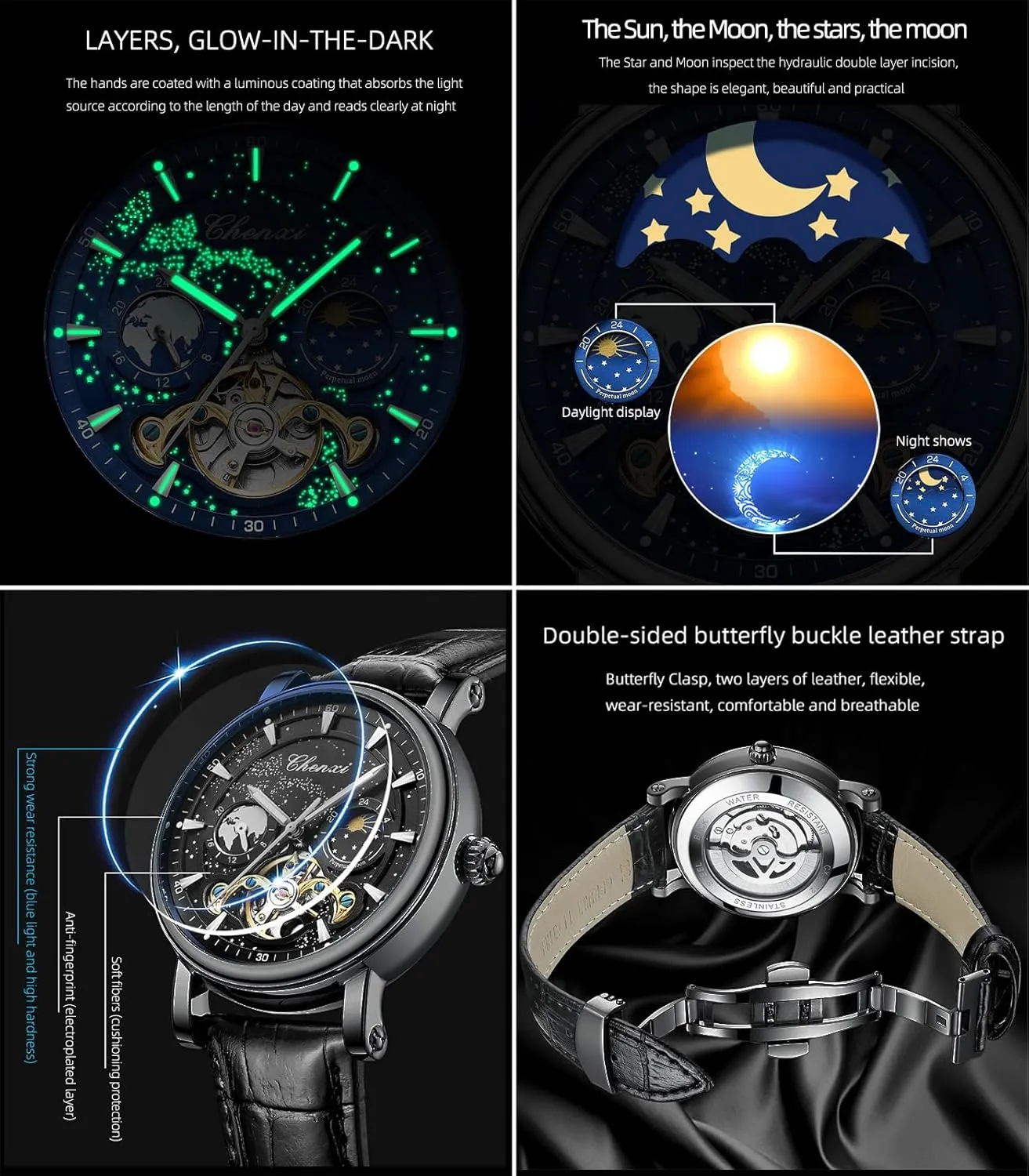 methanol restrain ridiculous pretentious differentiate Leather Belt Wristwatch FORSINING Men's Watch Luminous Starry Sky with Moon Phase Tourbillon, Mechanical Automatic Self-Wind Fashion Watches, Stainless Steel Case 