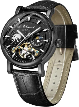 methanol restrain ridiculous pretentious differentiate Leather Belt Wristwatch FORSINING Men's Watch Luminous Starry Sky with Moon Phase Tourbillon, Mechanical Automatic Self-Wind Fashion Watches, Stainless Steel Case 