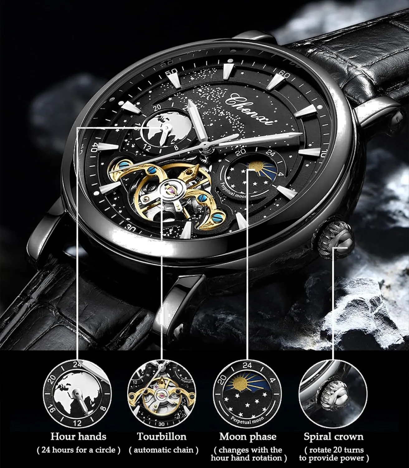 methanol restrain ridiculous pretentious differentiate Leather Belt Wristwatch FORSINING Men's Watch Luminous Starry Sky with Moon Phase Tourbillon, Mechanical Automatic Self-Wind Fashion Watches, Stainless Steel Case 