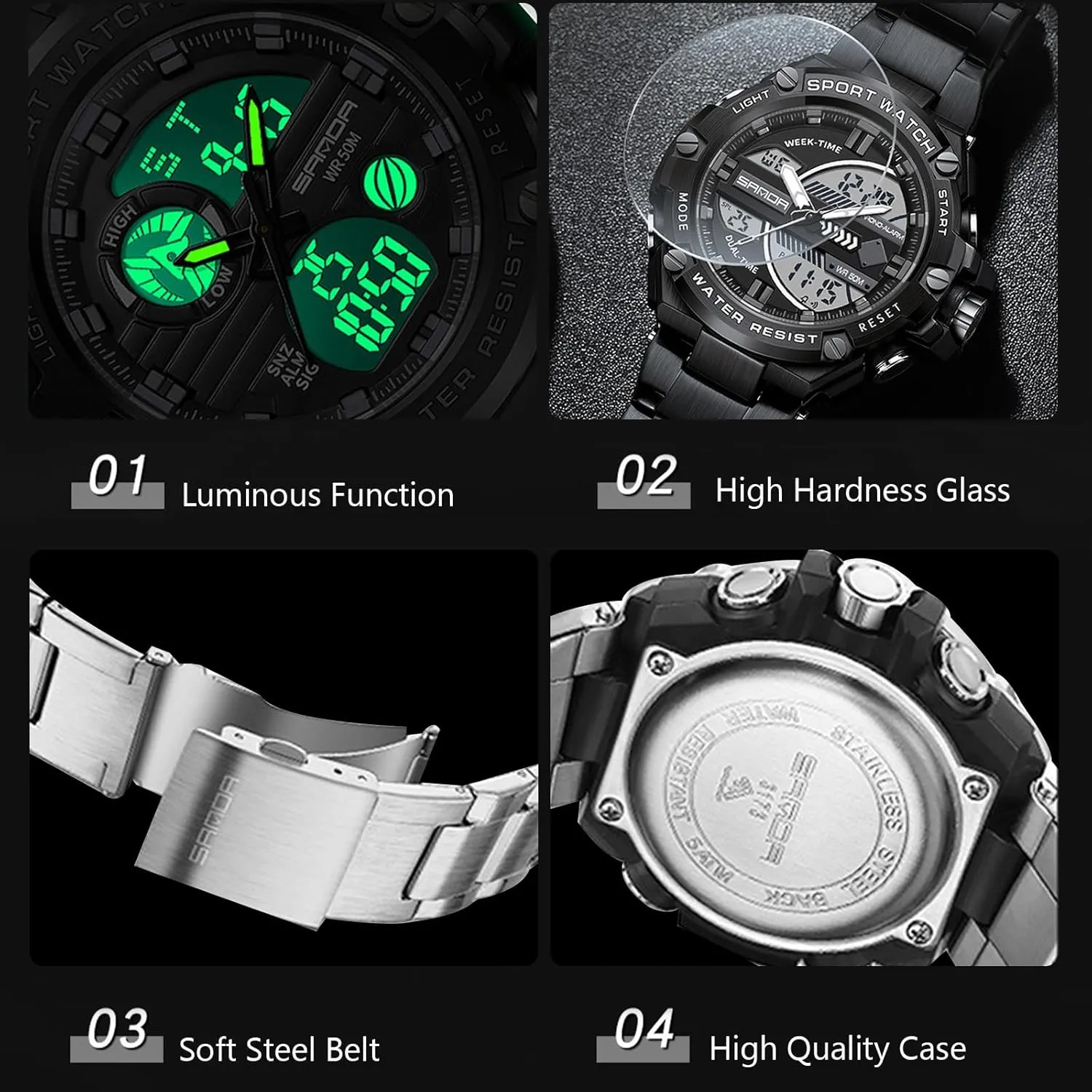 Military Stainless Steel Strap RORIOS Dual Display canopy sentimental pastoral private reduce Electronic Watch for Men 5ATM Waterproof Wristwatch Digital Analog Quartz Watches Multifunctional 