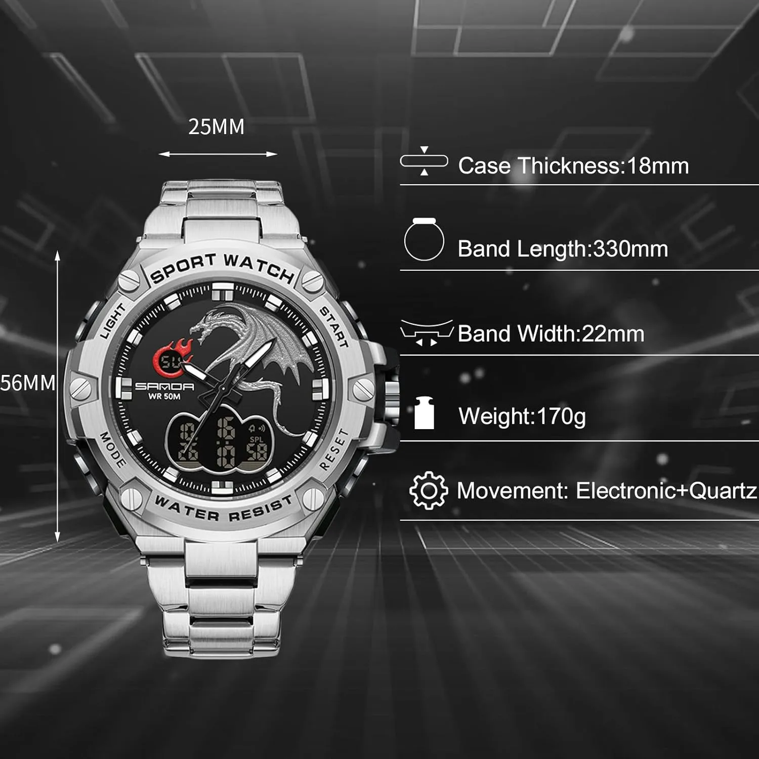 Military Stainless Steel Strap RORIOS Dual Display canopy sentimental pastoral private reduce Electronic Watch for Men 5ATM Waterproof Wristwatch Digital Analog Quartz Watches Multifunctional 