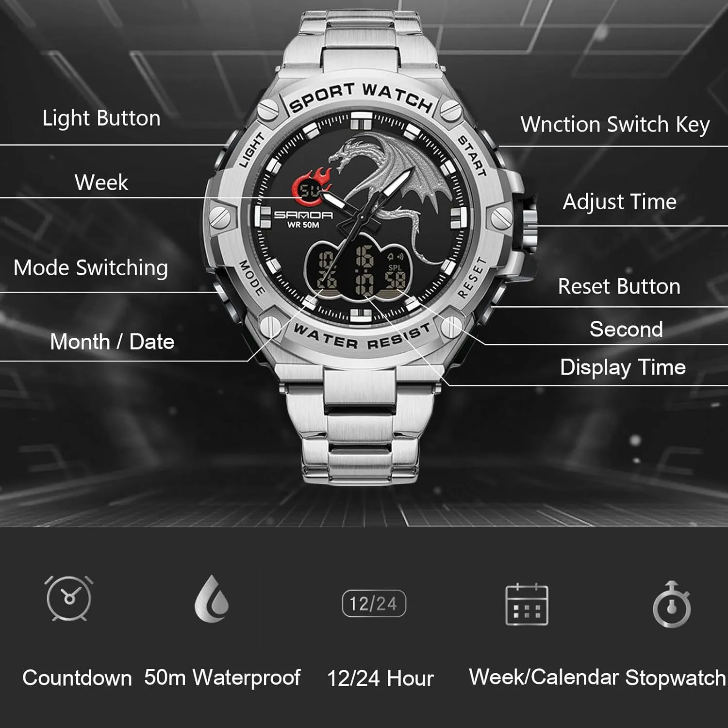 Military Stainless Steel Strap RORIOS Dual Display canopy sentimental pastoral private reduce Electronic Watch for Men 5ATM Waterproof Wristwatch Digital Analog Quartz Watches Multifunctional 