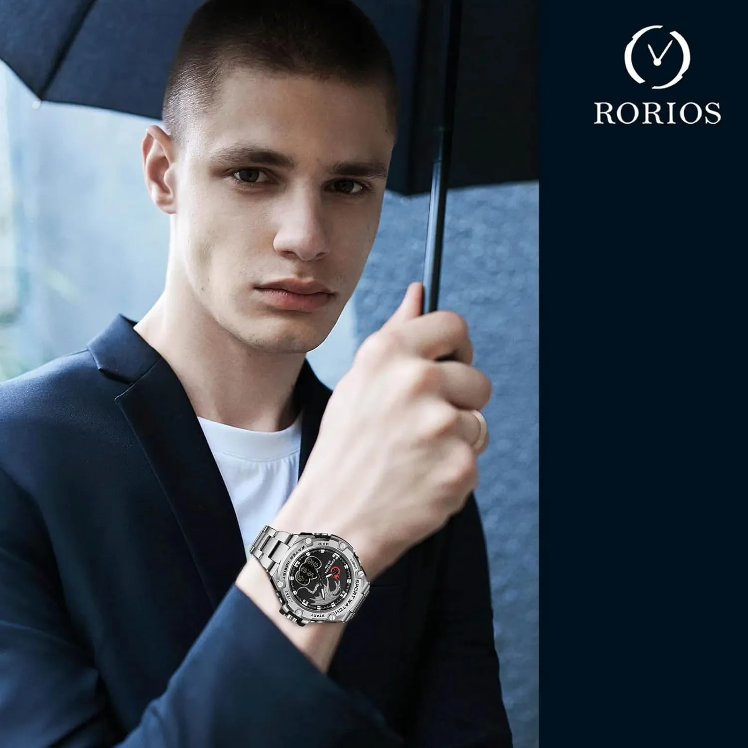 Military Stainless Steel Strap RORIOS Dual Display canopy sentimental pastoral private reduce Electronic Watch for Men 5ATM Waterproof Wristwatch Digital Analog Quartz Watches Multifunctional 