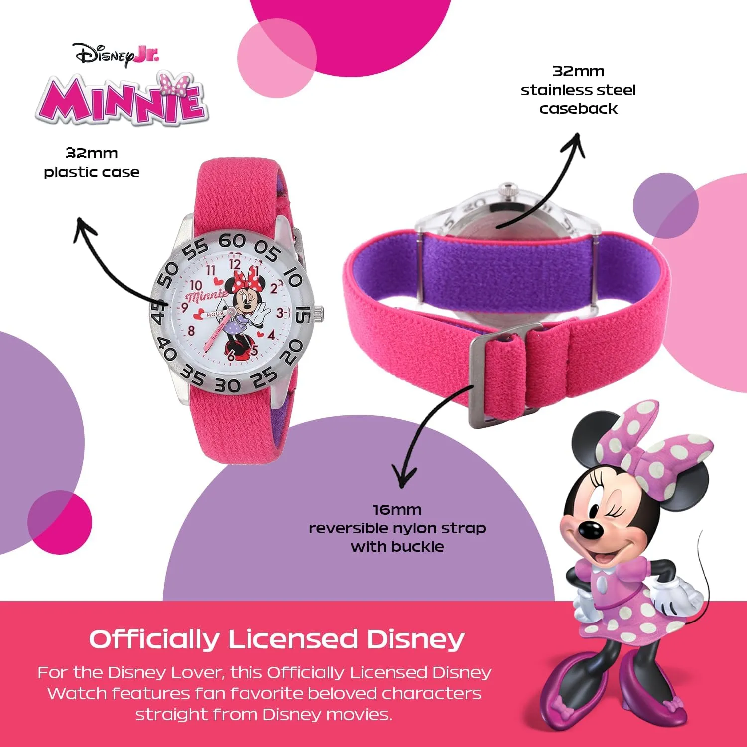 Minnie Mouse Kids' Bezel Stainless Steel Time Teacher Analog Nylon Strap Watch bubbly Disney 