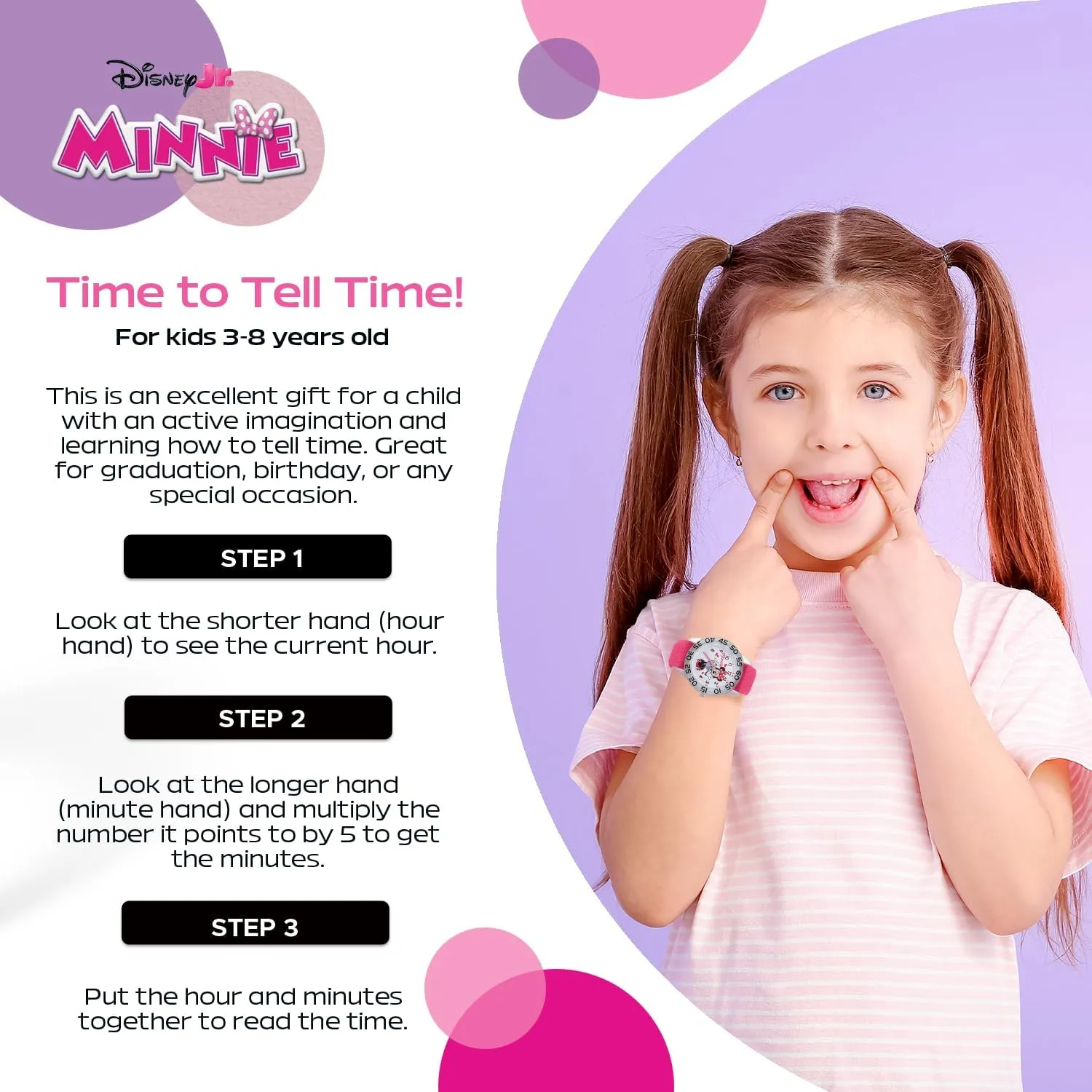 Minnie Mouse Kids' Bezel Stainless Steel Time Teacher Analog Nylon Strap Watch bubbly Disney 