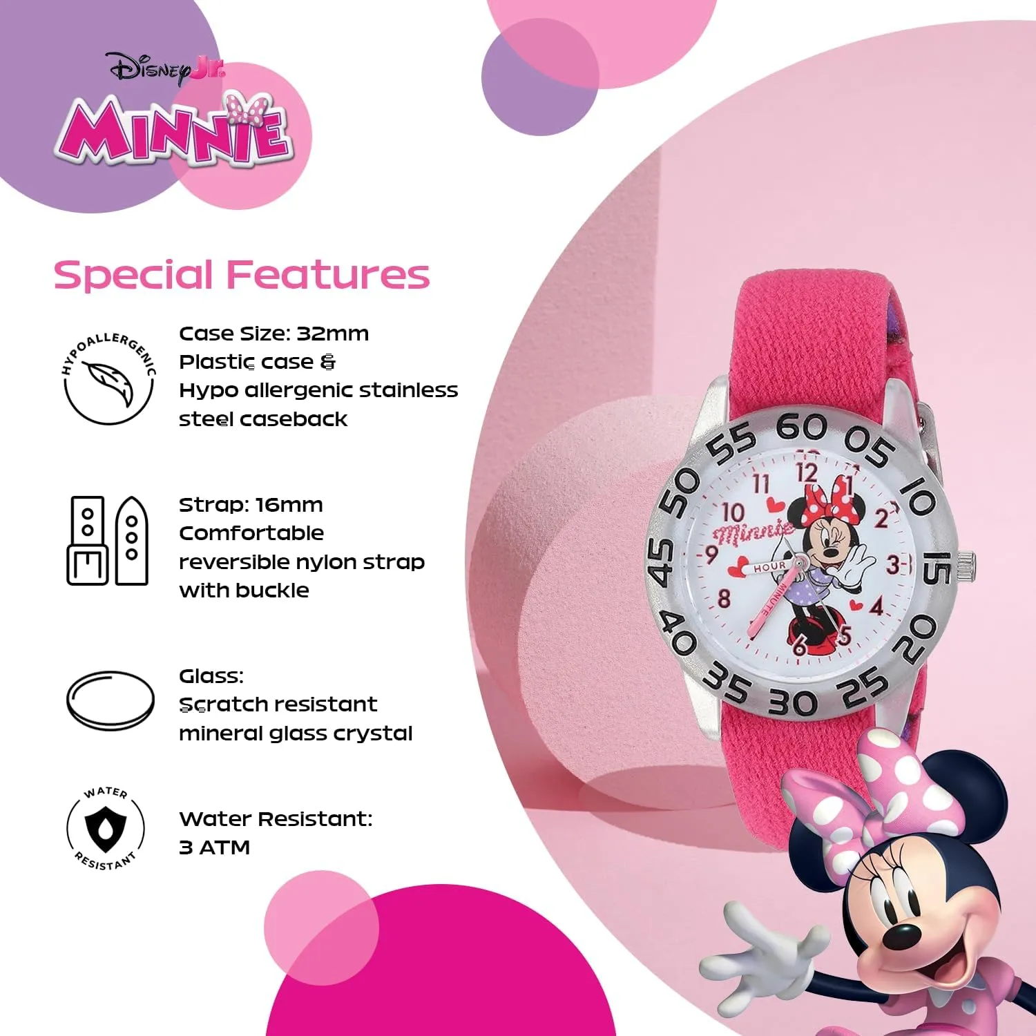 Minnie Mouse Kids' Bezel Stainless Steel Time Teacher Analog Nylon Strap Watch bubbly Disney 