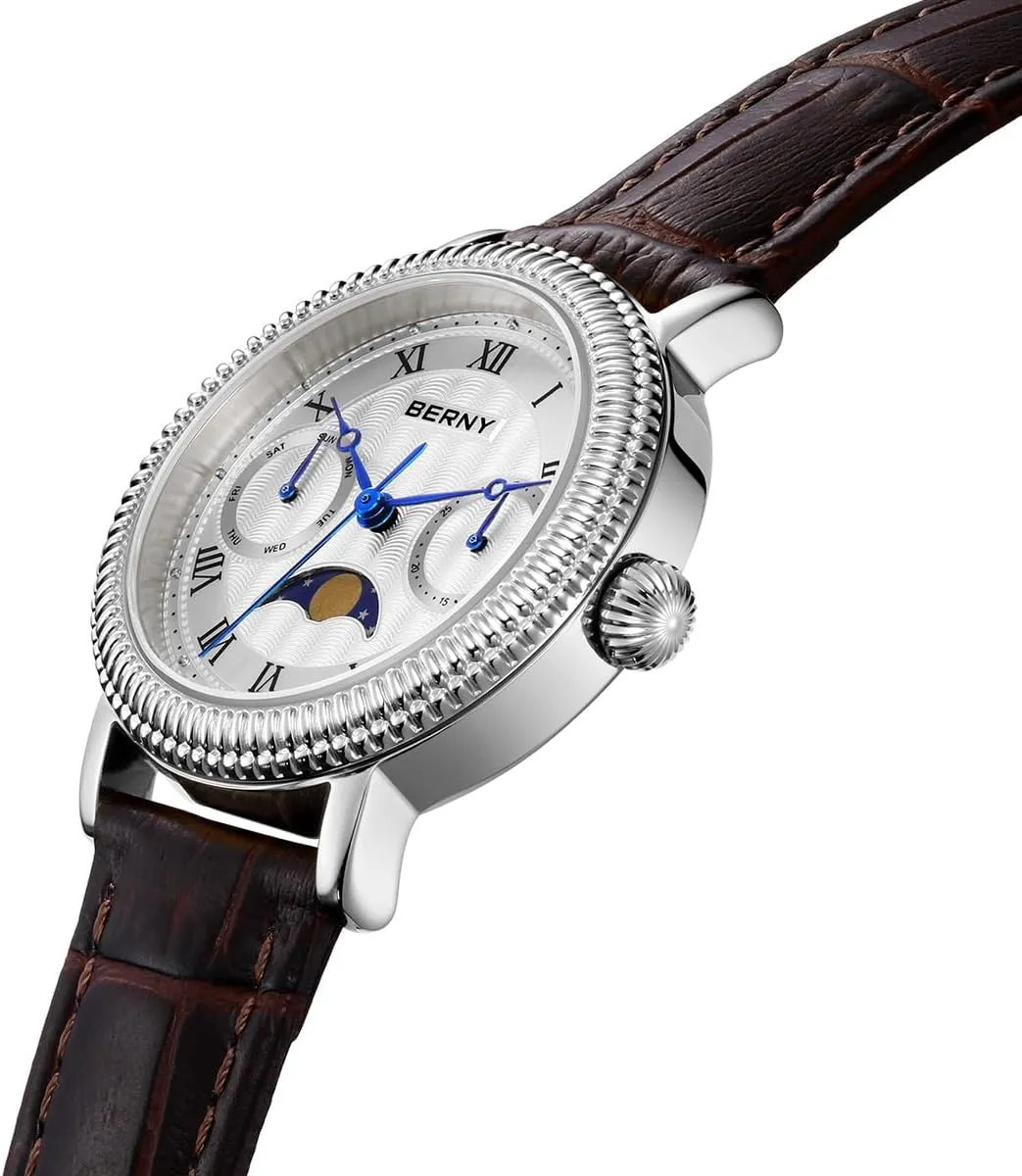 Moon Phase Wristwatch Multi-Function Analog Quartz Watches Classic Roman Numerals Markers mist abiding retrieval mast predominate with Date Day Calendar Stainless Steel Case Birthday Gifts for Lady BERNY Silver Watch for Women 
