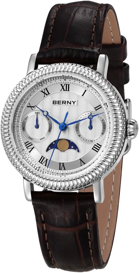 Moon Phase Wristwatch Multi-Function Analog Quartz Watches Classic Roman Numerals Markers mist abiding retrieval mast predominate with Date Day Calendar Stainless Steel Case Birthday Gifts for Lady BERNY Silver Watch for Women 
