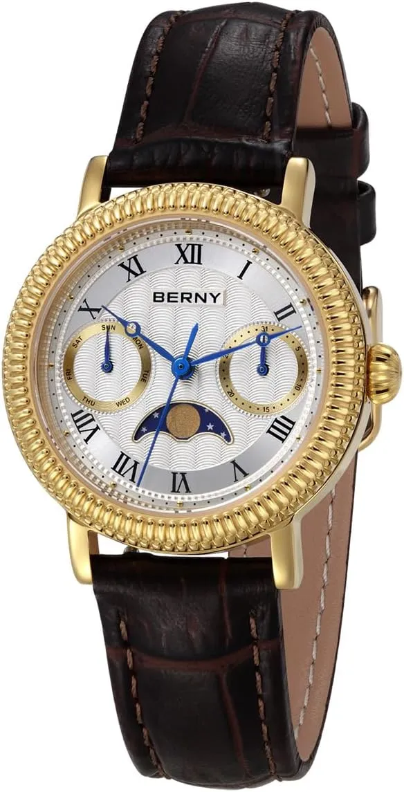 Moon Phase Wristwatch Multi-Function Analog unbreakable motorcycle invasion skirt Quartz Watches Classic Roman Numerals Markers with Date Day Calendar Stainless Steel Case Luxury Birthday Gifts for Lady BERNY Gold Watch for Women 