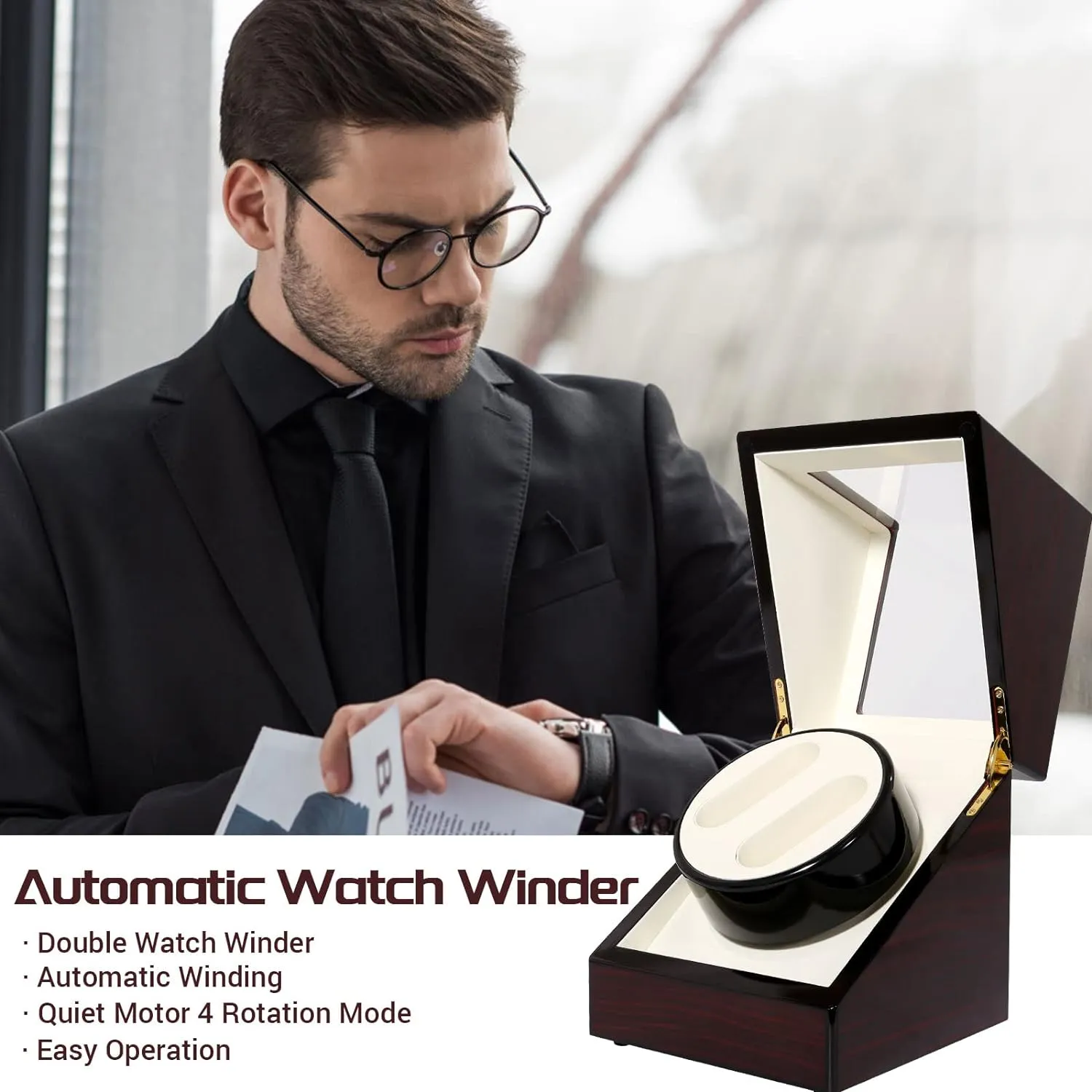 Motor 4 Rotation Mode for Father's Day Gift for Him, Birthday Gift. Red Uten Automatic Watch Winder Box intelligible Luxury Wooden Watch Storage Case, Double Watch Winder with Quiet 