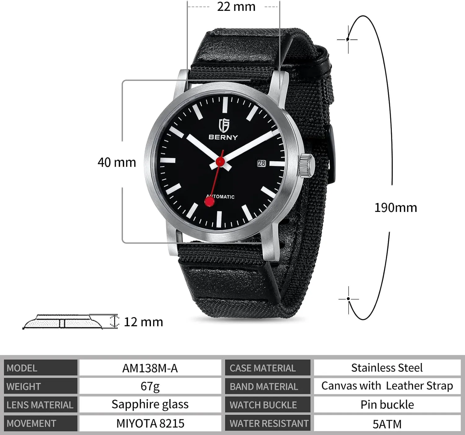 Movement Sapphire Glass Exhibition Case Back spit relay hermetic dot Canvas with Leather Strap Railroad Watch BERNY Classic Automatic Watch for Men Mechanical Self Wind Wristwatch 5ATM Waterproof MIYOTA 8215 