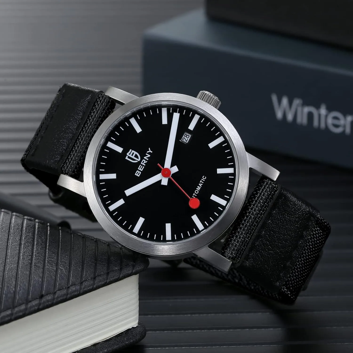 Movement Sapphire Glass Exhibition Case Back spit relay hermetic dot Canvas with Leather Strap Railroad Watch BERNY Classic Automatic Watch for Men Mechanical Self Wind Wristwatch 5ATM Waterproof MIYOTA 8215 