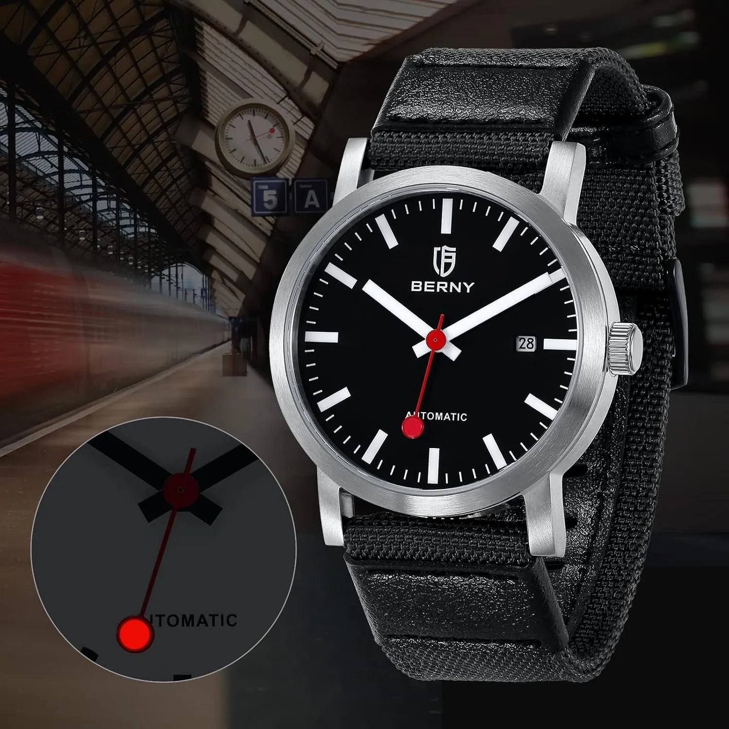 Movement Sapphire Glass Exhibition Case Back spit relay hermetic dot Canvas with Leather Strap Railroad Watch BERNY Classic Automatic Watch for Men Mechanical Self Wind Wristwatch 5ATM Waterproof MIYOTA 8215 