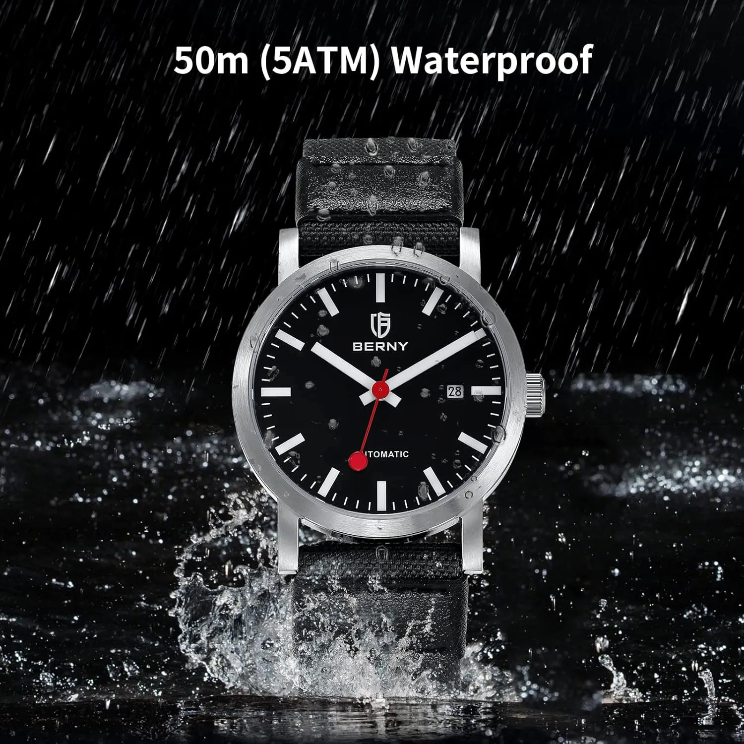 Movement Sapphire Glass Exhibition Case Back spit relay hermetic dot Canvas with Leather Strap Railroad Watch BERNY Classic Automatic Watch for Men Mechanical Self Wind Wristwatch 5ATM Waterproof MIYOTA 8215 