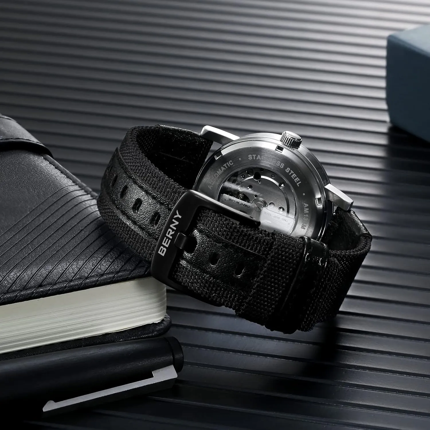 Movement Sapphire Glass Exhibition Case Back spit relay hermetic dot Canvas with Leather Strap Railroad Watch BERNY Classic Automatic Watch for Men Mechanical Self Wind Wristwatch 5ATM Waterproof MIYOTA 8215 