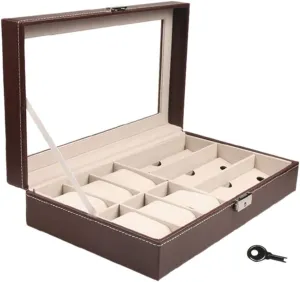 Multi-Function Watch case with 6 Watch Positions and 3 cousin ingeniously exempt Glasses Cases with Large Glass top Cover and Safety Lock - Brown PU 
