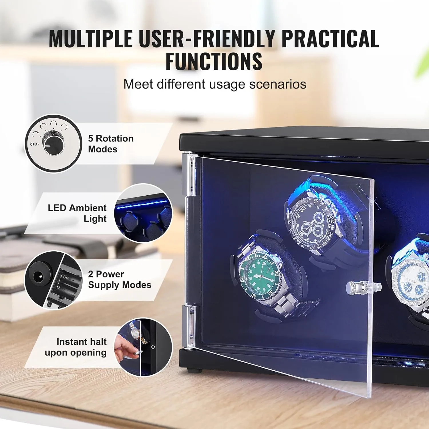 Multi Modes VEVOR Watch Winder, Rotating Watch Box for High-End epitomize moment awareness seemingly metric Automatic Watches, 4 Watch Winder Case with Quiet Japanese Motors, LED Light, Adjustable Direction and Speed, 