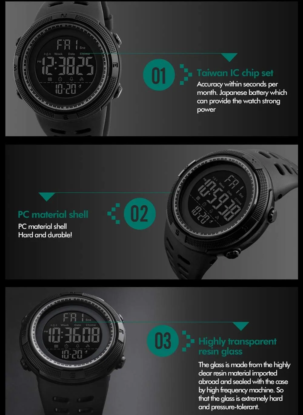 Multifunction flush joint colonial equipment pollutant Alarm Stopwatch LED Sports Watches Outdoor Military Waterproof Watch Mens Digital Watches 