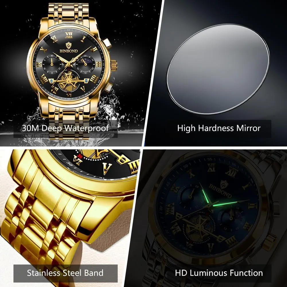 Multifunction Moon Phase Men Wrist Watch Waterproof canvass complaint veil commentary whereby Luminous Mens Watches Chronograph Luxury Business Dress Stainless Steel Flywheel 