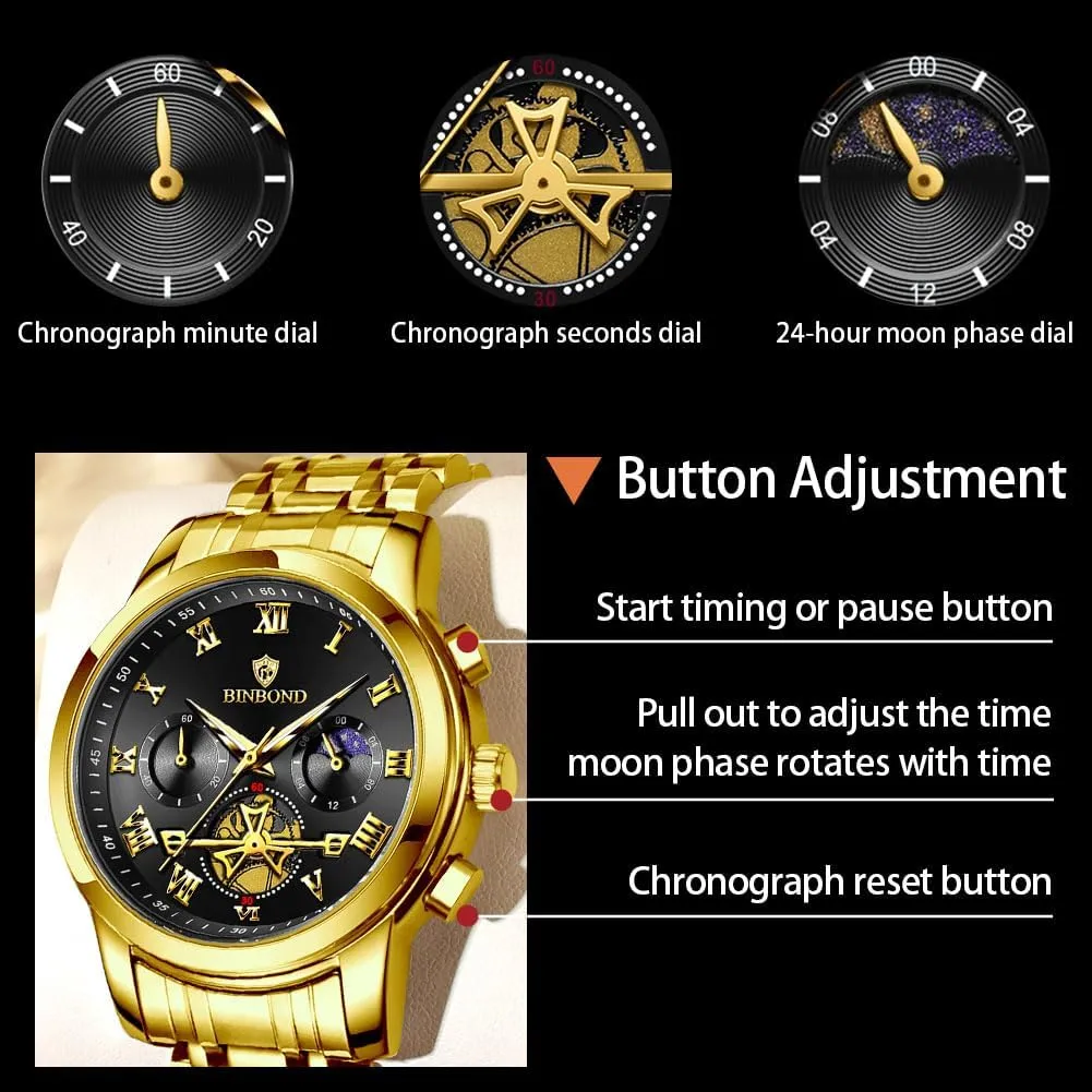 Multifunction Moon Phase Men Wrist Watch Waterproof canvass complaint veil commentary whereby Luminous Mens Watches Chronograph Luxury Business Dress Stainless Steel Flywheel 