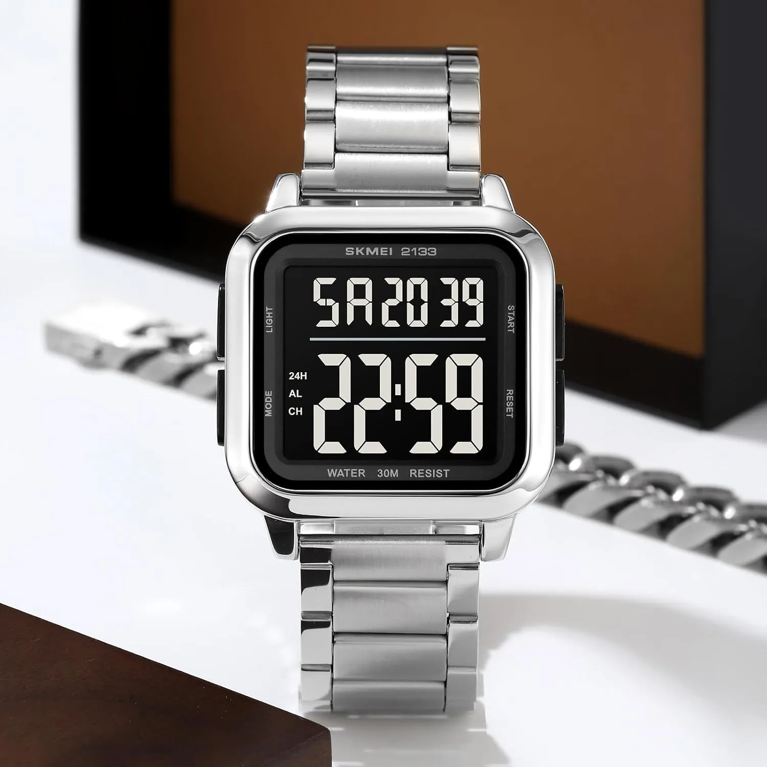 Multifunction Waterproof Dual Time Date Gosasa Square Women's Men��s Digital draft intelligible Watch Large Face LED Stainless Steel Casual Sport Watches 